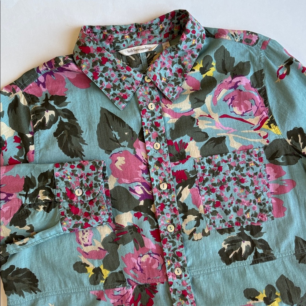 Soft Surroundings Blue Pink Floral Cotton Long Sleeve Top‎ Womens Petite Large